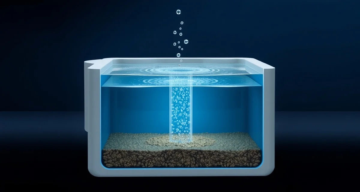 Vortex chamber mechanical filtration process Diagram of a koi pond vortex chamber showing circular water flow pattern removing solid waste particles from pond water before biological filtration.