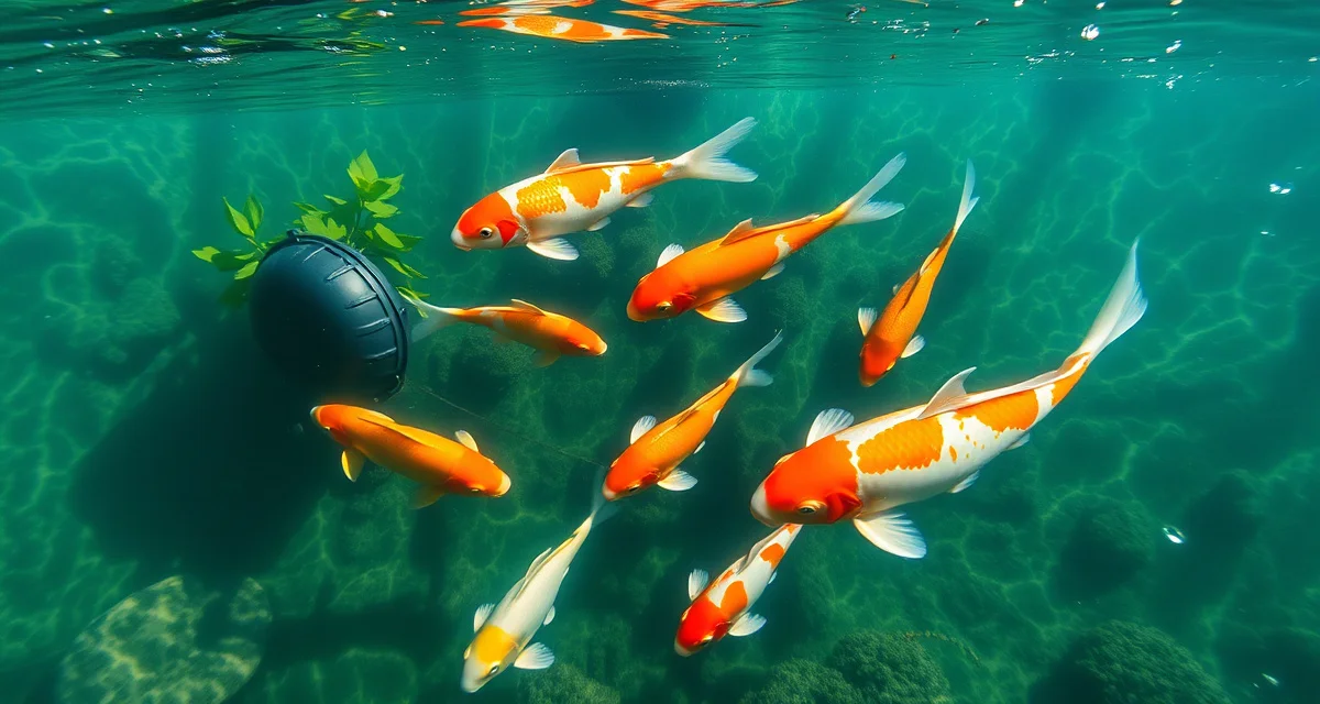 Optimal koi pond water management Clear koi pond water with healthy fish and plants demonstrating proper water change frequency maintenance for optimal water quality