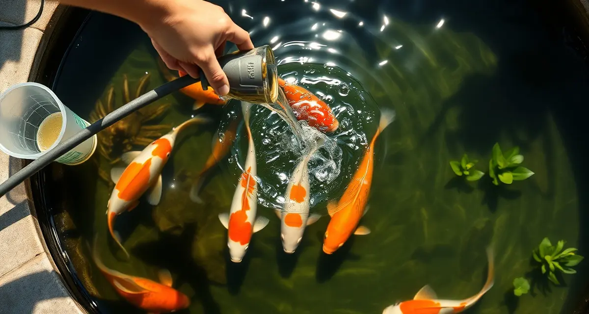 Weekly water change maintenance for koi ponds Guide to koi pond water changes showing proper technique for maintaining healthy water quality and fish health