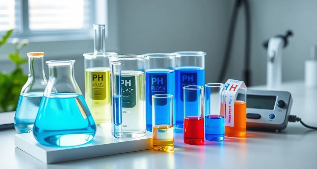 Professional water chemistry testing setup for koi ponds Koi pond water chemistry testing beakers and vials displaying various water parameter samples for quality analysis