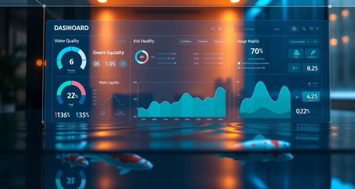 Advanced pond management analytics interface KoiQuanta water quality analytics dashboard displaying real-time koi pond parameters and health monitoring metrics