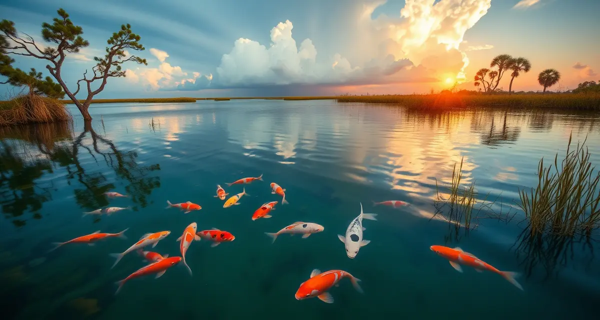 Lowcountry Koi Pond Water Quality Management Coastal koi pond in South Carolina Lowcountry showing clear water quality with healthy koi fish and storm preparation features for tropical weather management.