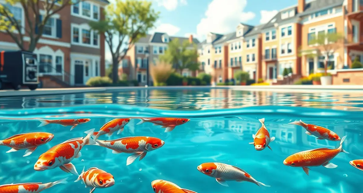 DC koi pond management with water quality analytics Urban koi pond water quality testing setup in Washington DC showing advanced analytics equipment monitoring fish health and contamination levels