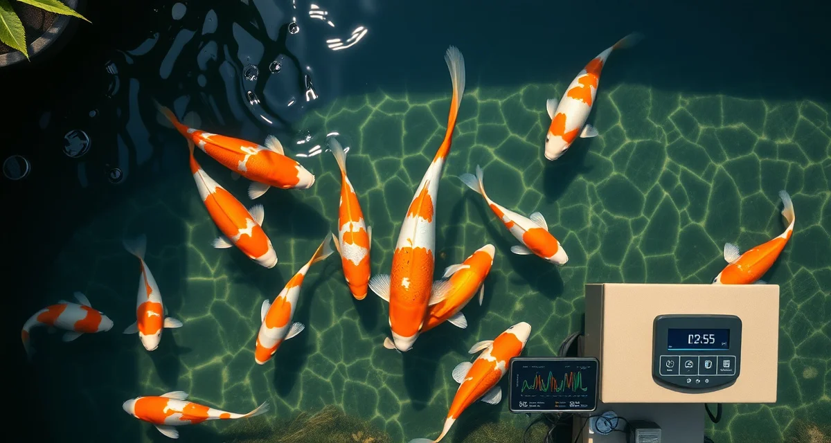 Budget-friendly koi pond water quality analytics system Clear koi pond with healthy fish and water quality monitoring equipment for affordable pond management software