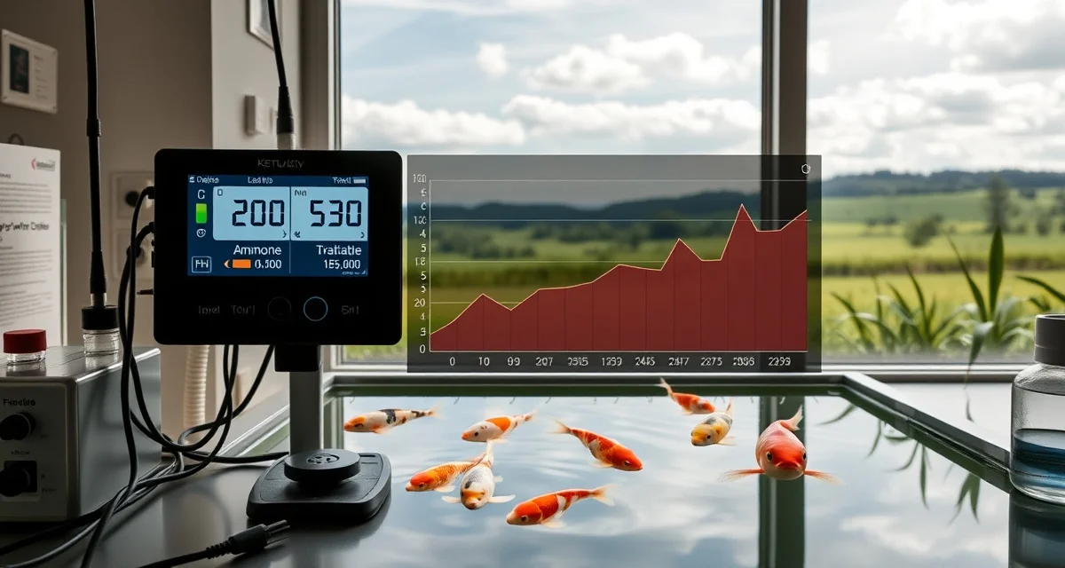 Kentucky koi pond water quality monitoring system Koi dealer software monitoring water quality parameters for Kentucky pond management with digital analytics dashboard and test results.