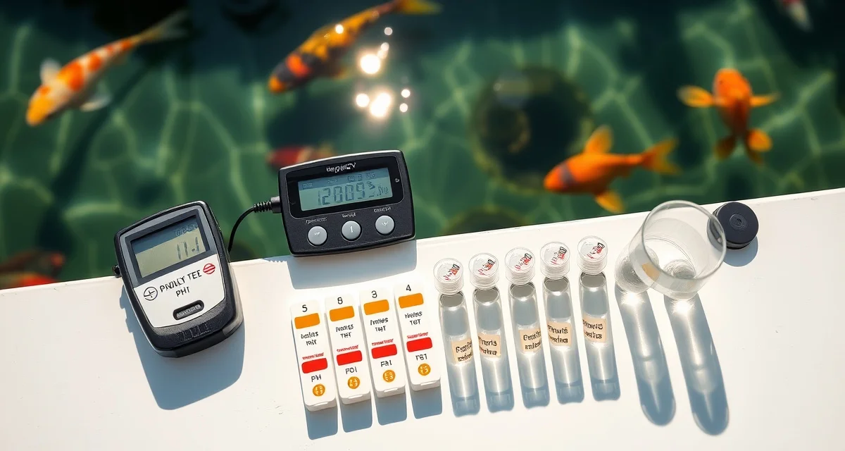 Essential water quality testing equipment for koi pond maintenance Professional koi pond water testing kit with digital meter and ammonia test strips for monitoring water quality parameters