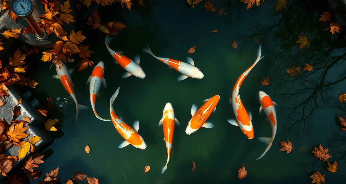 Essential winter preparation steps for maintaining koi pond water quality Clear koi pond during autumn with healthy fish and filtration system ready for winter preparation and maintenance