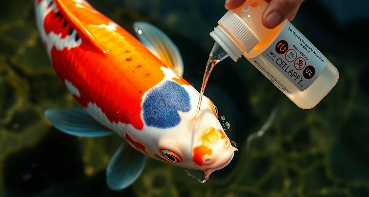 Professional koi pond treatment application Koi fish receiving potassium permanganate treatment in controlled pond water conditions for parasite and bacterial management