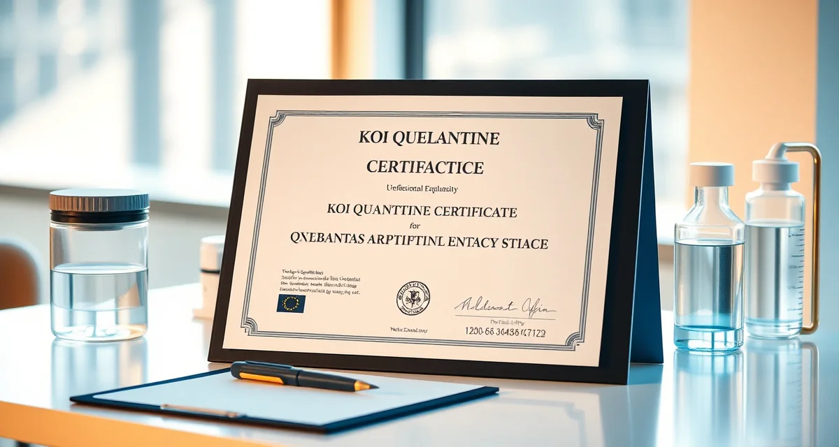Certified koi quarantine documentation template Professional koi quarantine certificate with water quality test results and health documentation for certified dealer fish.