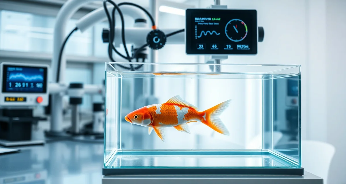 Safe koi quarantine discharge protocols and water quality standards Koi fish in quarantine tank with water quality monitoring equipment measuring discharge criteria and fish health parameters