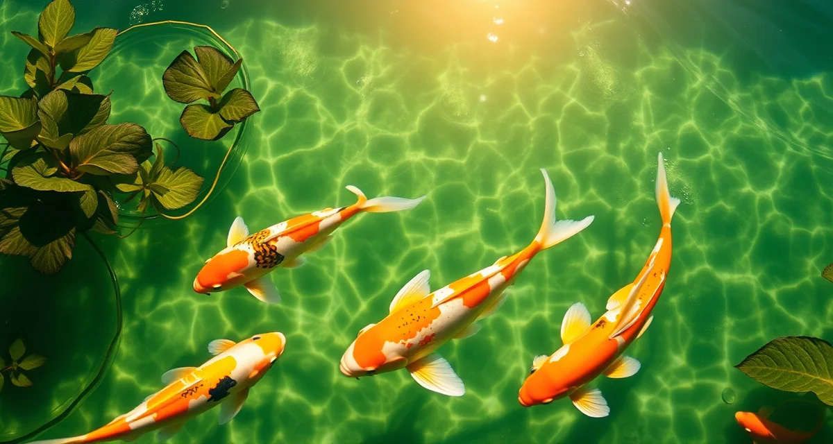 Koi discharge criteria verification before display pond transfer Healthy koi fish in clear quarantine pond water meeting discharge criteria before transfer to display pond