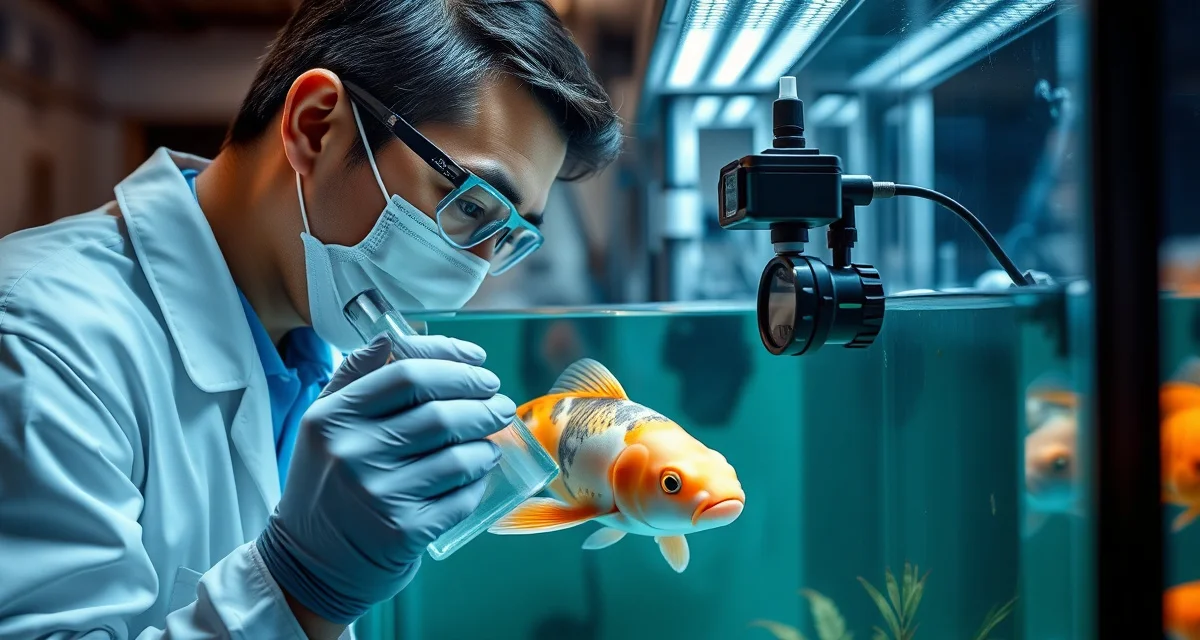 Koi quarantine protocol for disease control Koi fish quarantine tank setup with water quality monitoring equipment for disease outbreak management and fish health assessment