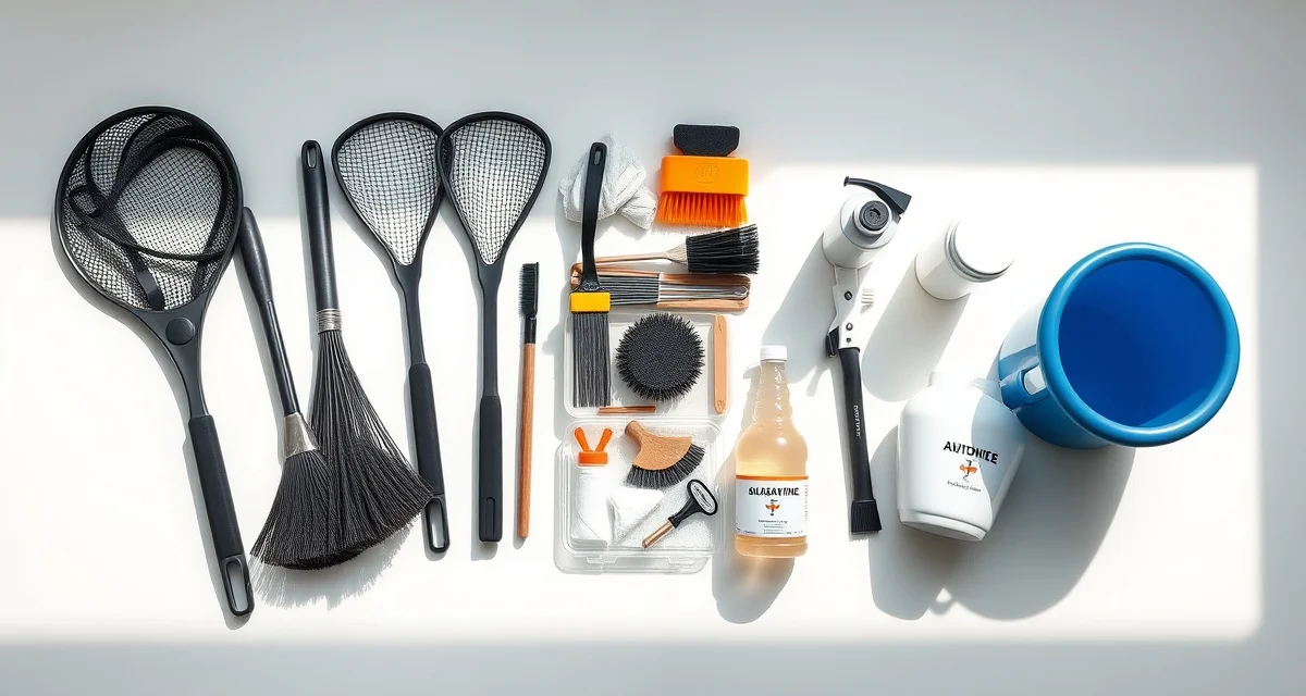 Proper equipment sanitation for disease prevention Dedicated koi quarantine nets and equipment organized separately to prevent cross-contamination in pond maintenance