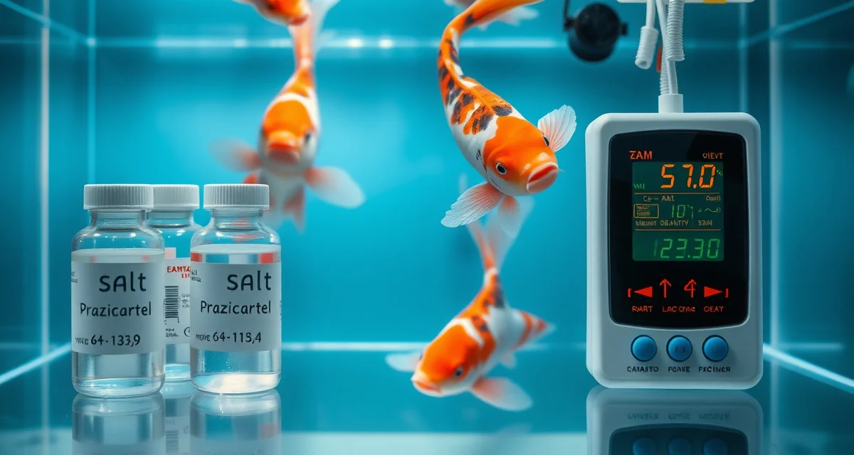 Evidence-based koi quarantine treatment protocols Koi quarantine medications including salt and praziquantel with water quality testing equipment in isolated tank setup
