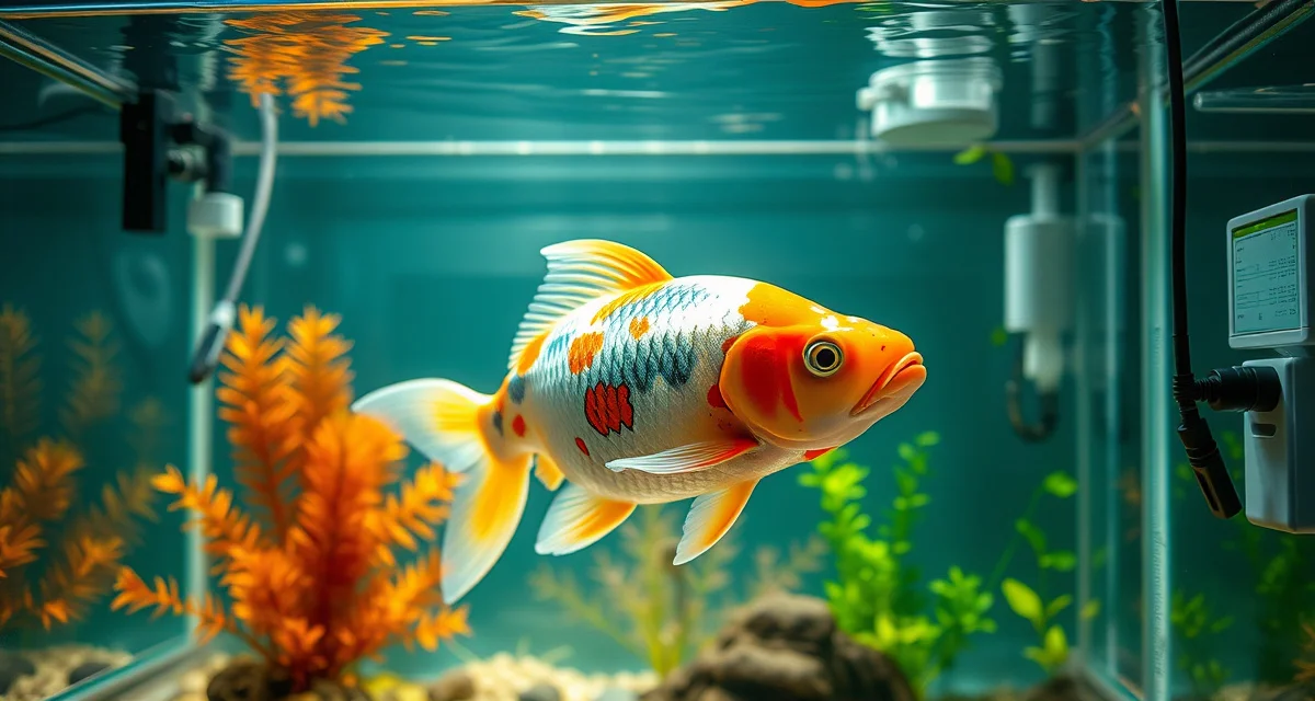 Post-treatment koi quarantine best practices Healthy koi fish in quarantine tank during post-treatment holding period with clear water and monitoring equipment visible