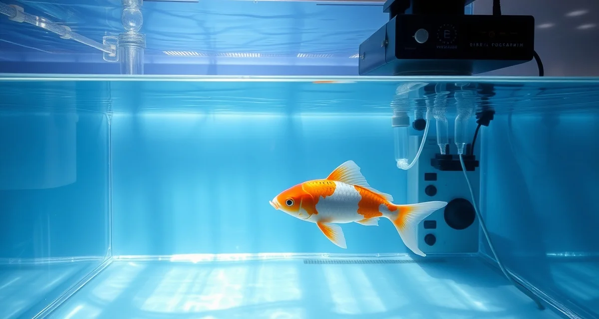 Koi quarantine prophylactic treatment tank setup Isolated koi quarantine tank demonstrating proper prophylactic treatment setup with clear water and monitoring equipment for disease prevention