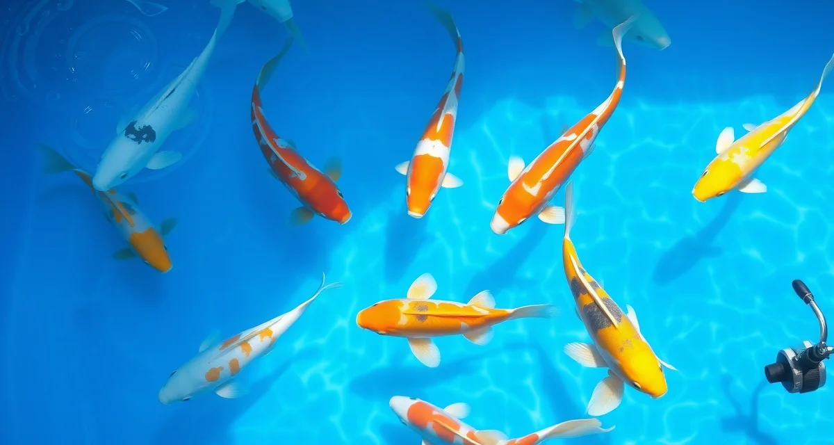 Safe koi reintroduction after pond treatment Healthy koi fish in quarantine tank with clear water and monitoring equipment after pond disease treatment