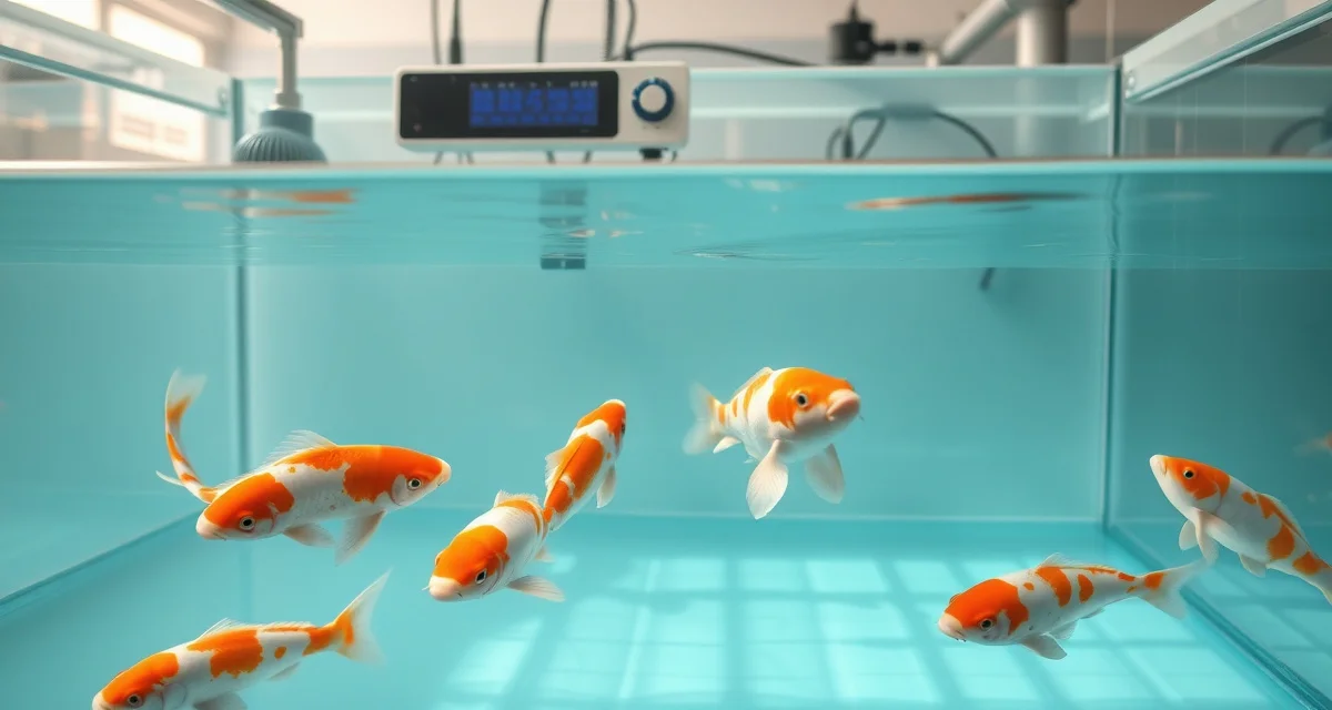 Systematic koi quarantine protocol implementation Healthy koi fish in a professional quarantine tank with water quality monitoring equipment for disease prevention