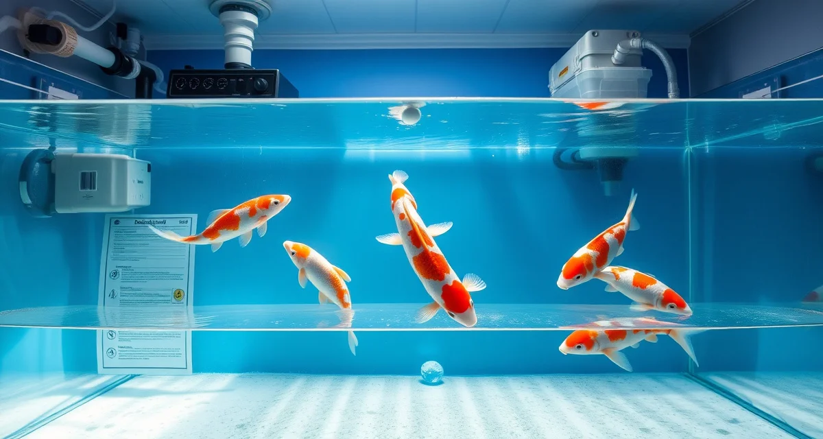 Professional koi quarantine system for early disease detection Structured koi quarantine tank with daily observation setup showing filtration system and healthy fish in clear water