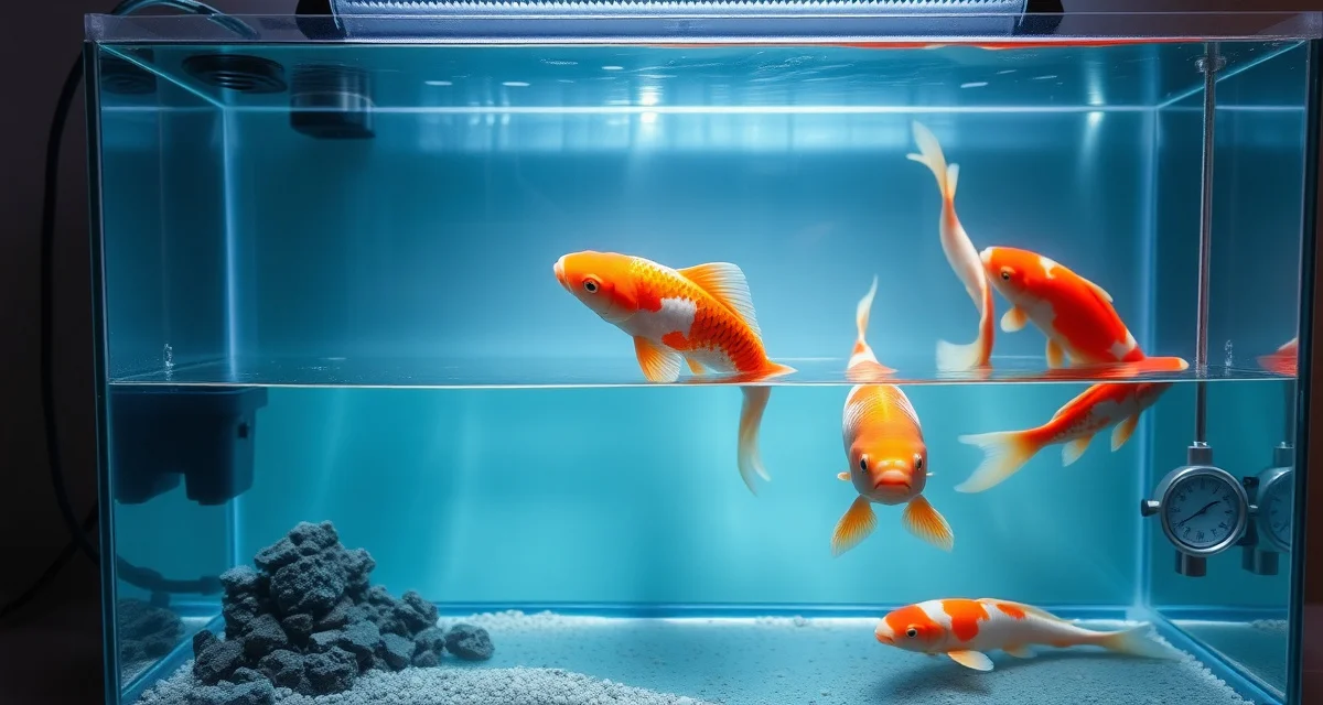 Professional koi quarantine tank for disease prevention Isolated koi quarantine tank setup with water testing equipment and healthy koi fish for disease prevention and observation