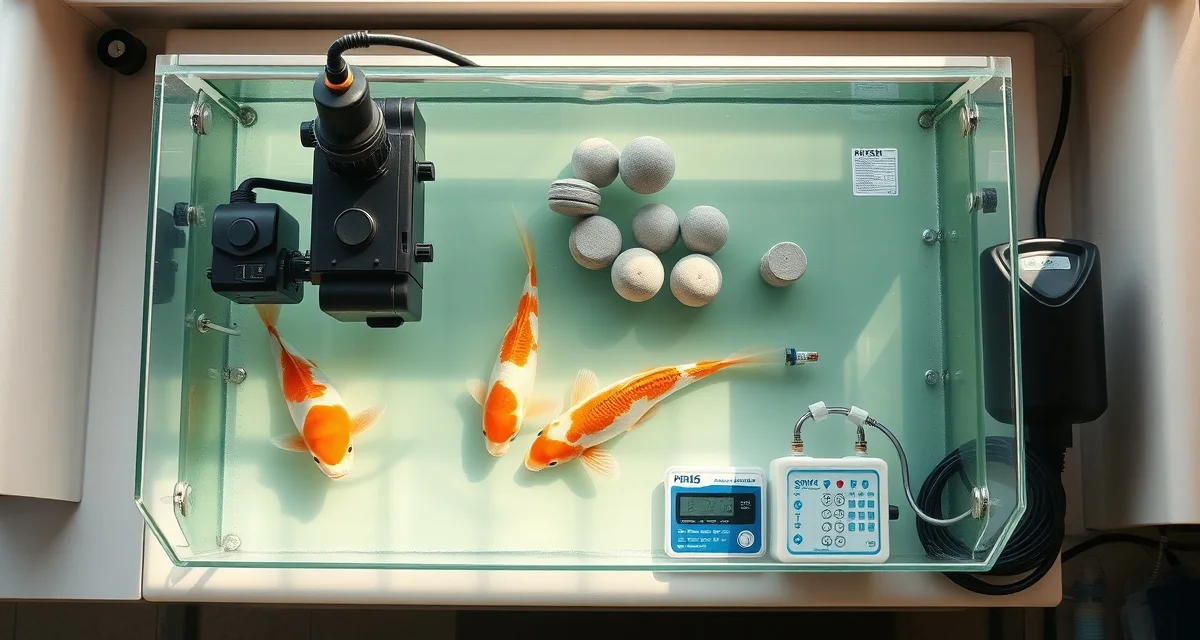 Essential quarantine equipment for koi health management Complete koi quarantine tank equipment setup including filtration system, air stone, heater, and water testing kit arranged for fish health monitoring.