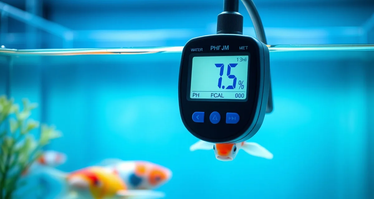 pH stability monitoring in quarantine tank Digital pH meter reading 7.5 in a koi quarantine tank, demonstrating proper pH stability for fish health and antibiotic efficacy