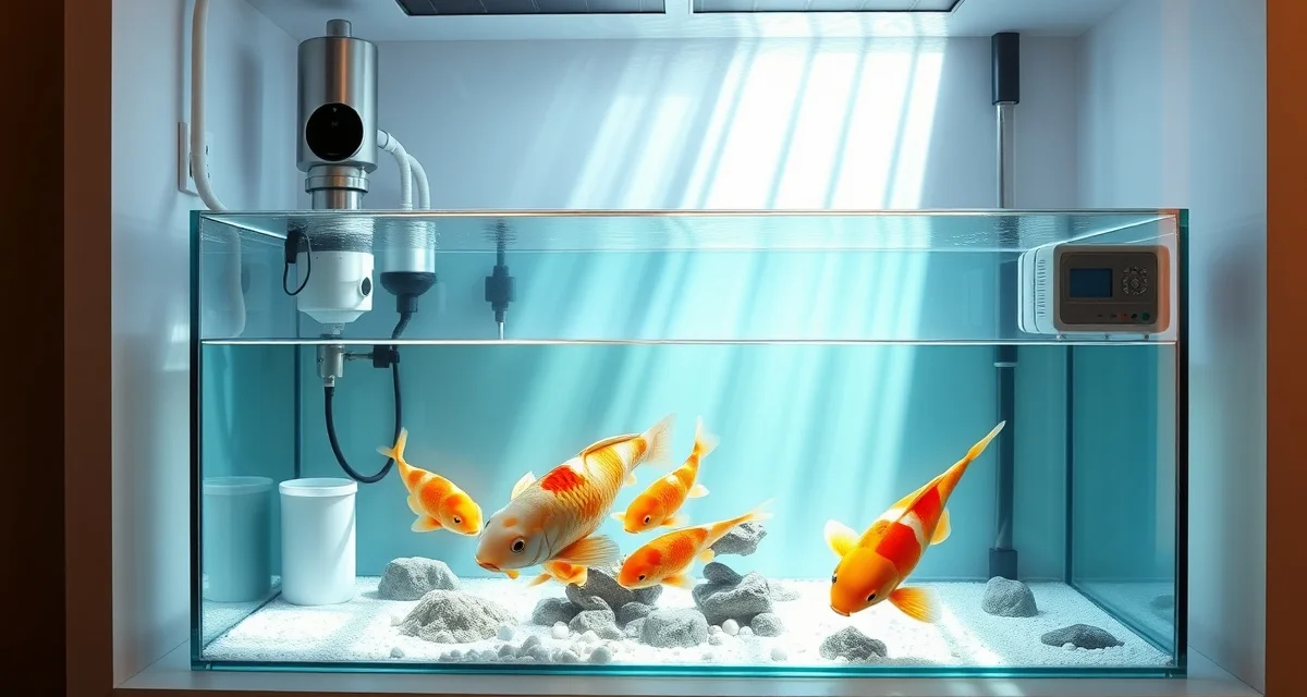 Professional koi quarantine protocol tank Isolated quarantine tank setup for koi fish purchased online, featuring clear water and professional filtration monitoring equipment.