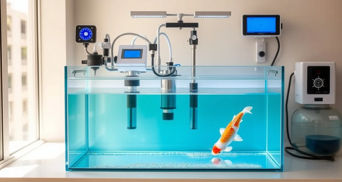 Dedicated quarantine tank for new koi fish health management Professional koi quarantine tank setup with water quality monitoring equipment and filtration system for disease prevention.