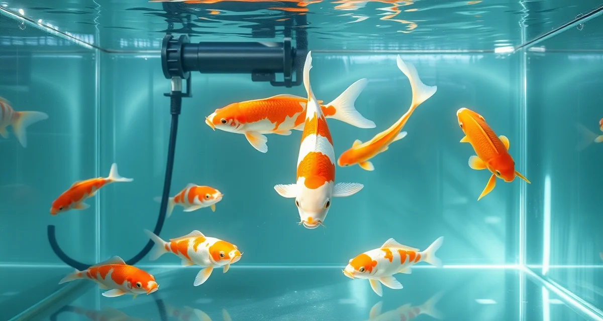 Quarantine tank setup for preventing koi disease introduction Properly equipped koi quarantine tank demonstrating effective water quality management and fish isolation techniques for disease prevention.