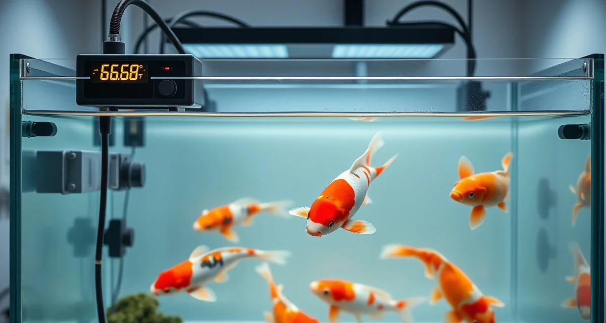 Professional koi quarantine heating and temperature monitoring setup Koi quarantine tank with temperature control heating equipment maintaining optimal 65-68°F water temperature for new fish imports and disease prevention