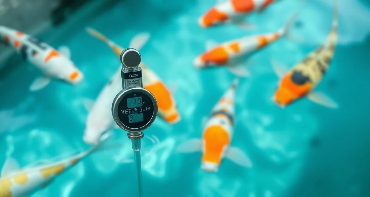 Water temperature monitoring in koi quarantine tanks Digital thermometer measuring koi quarantine water temperature for optimal disease treatment and immune function outcomes