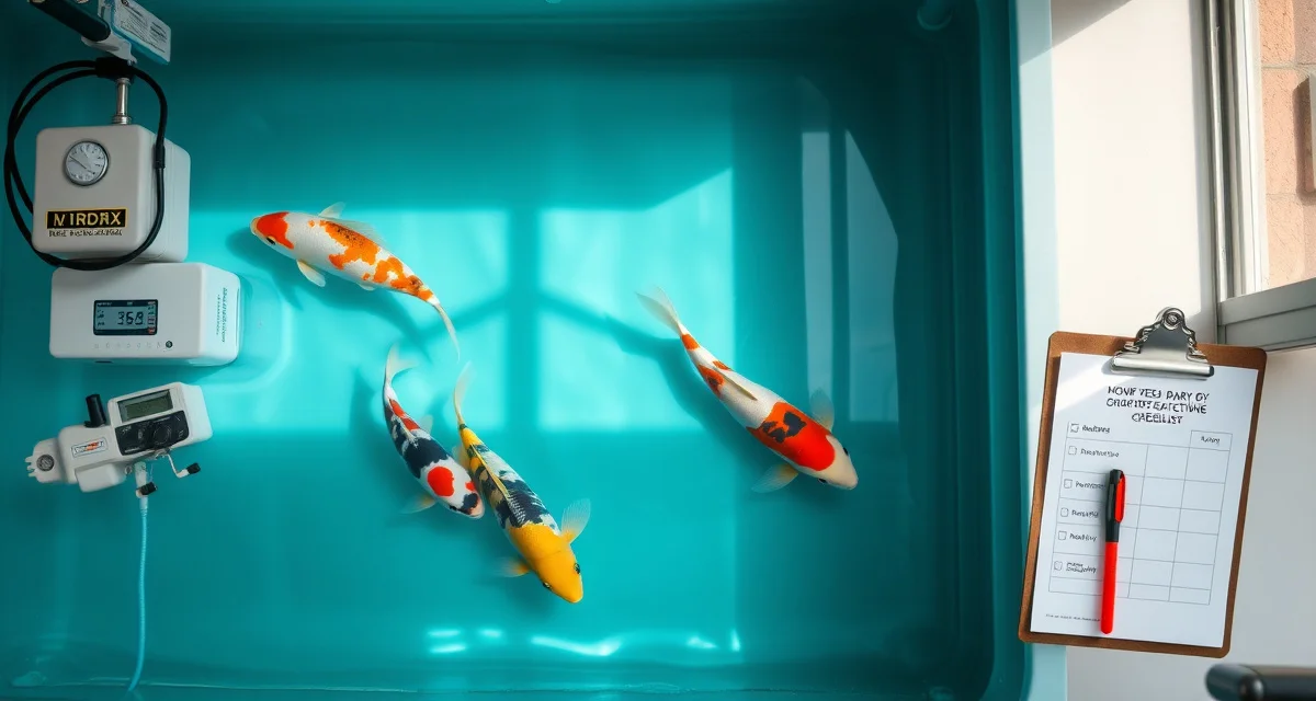 Structured quarantine protocol planning for koi health Koi quarantine timeline protocol setup showing day-by-day monitoring chart and water quality testing equipment for safe fish acclimation
