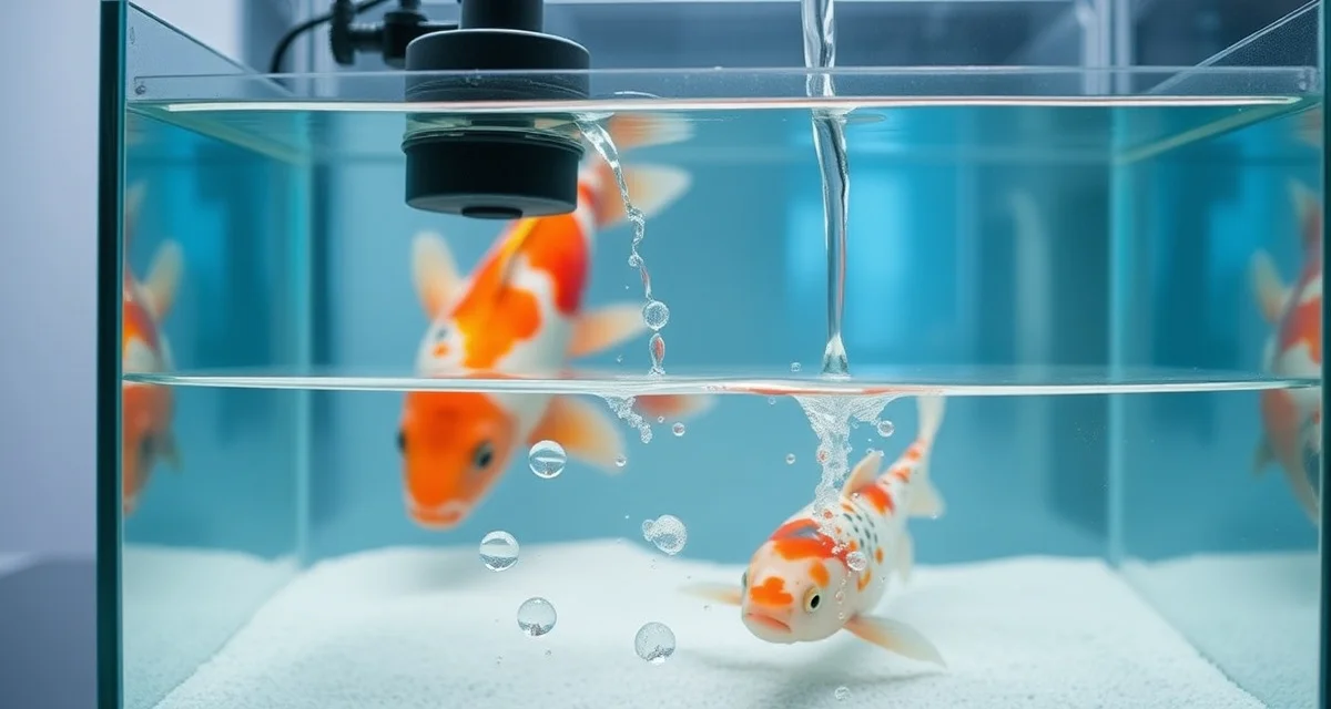 Quarantine tank water change management for koi fish health Proper water change technique in a koi quarantine tank using tubing to add fresh water while monitoring water quality.