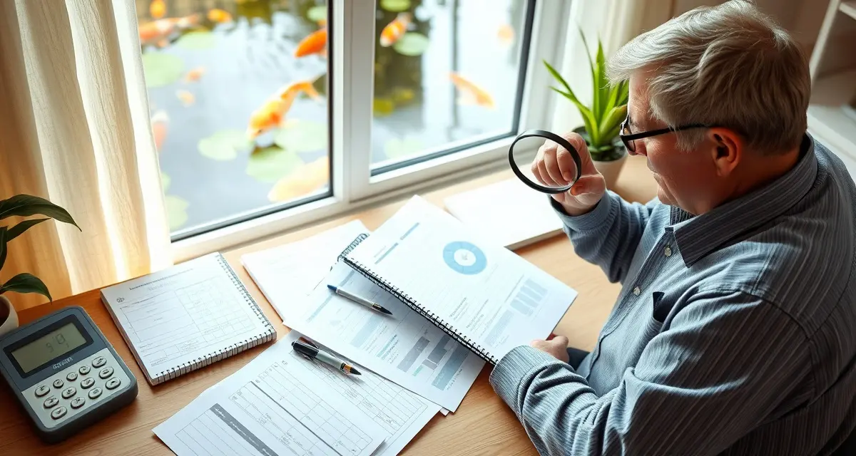 Systematic koi pond record keeping for hobbyists Koi hobbyist reviewing systematic water quality records and pond data in organized notebook for disease prevention and fish health monitoring.