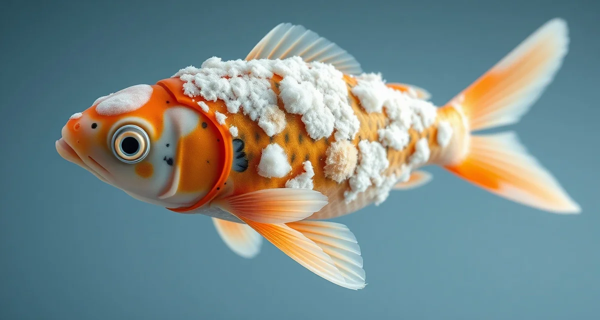 Saprolegnia fungal infection symptoms on koi fish Koi fish displaying white cottony saprolegnia fungal infection on scales and fins, showing diagnostic signs of fungal disease