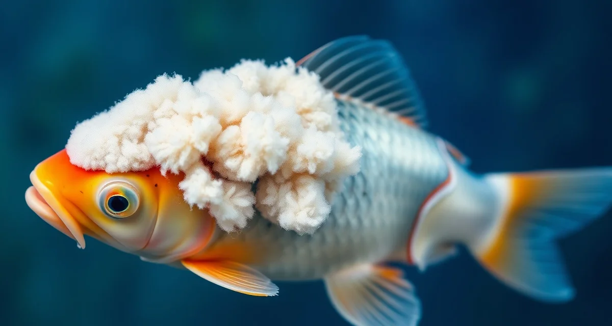Saprolegnia fungal growth on koi fish requiring treatment Koi fish displaying white fluffy Saprolegnia fungal infection on body scales, showing secondary infection on damaged skin in pond water.