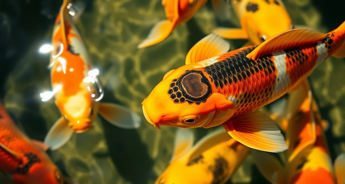 Premium koi specimen at show health standards Healthy koi fish displaying vibrant colors and clear scales, meeting show health standards for exhibition.