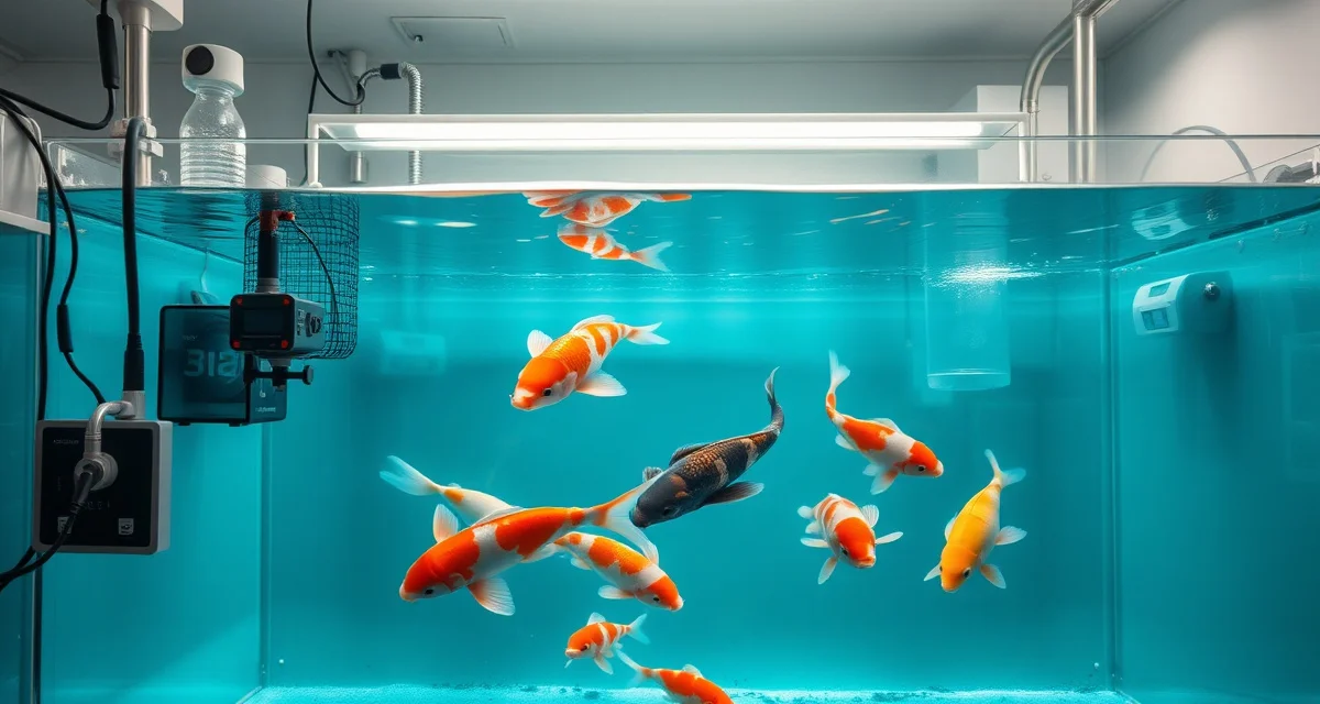 Advanced quarantine system for show koi disease prevention Professional koi quarantine tank with water quality monitoring equipment for post-show fish health protection.