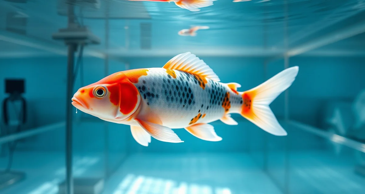 Premium koi fish show preparation and health screening Healthy koi fish in pristine water being prepared for show competition with proper quarantine setup and monitoring equipment