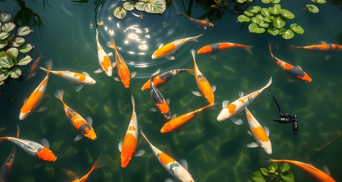 Disease risk management during koi breeding season Healthy koi fish in spawning pond with water quality monitoring systems to prevent post-spawning bacterial infections and disease risks