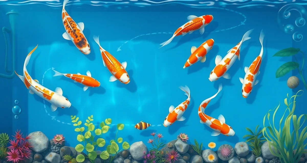 Proper koi pond stocking density visualization Koi stocking density calculator showing optimal fish spacing in pond with filtration system and water quality monitoring equipment
