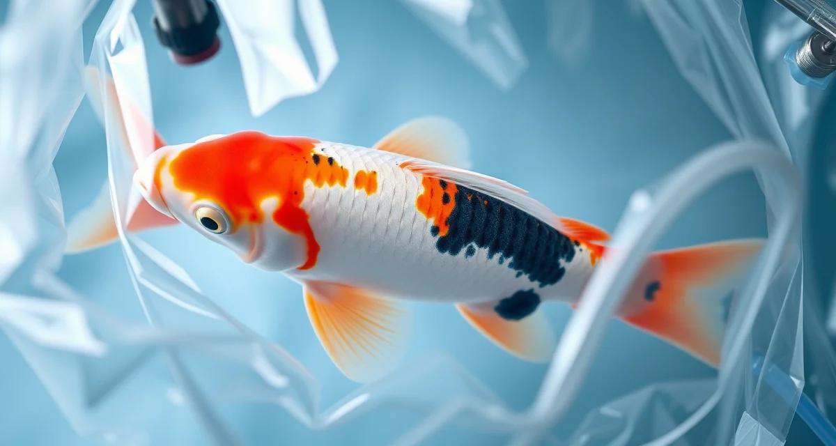 Safe koi transport bagging method Koi fish safely bagged in oxygen-charged transport bag demonstrating proper koi transport technique for safe relocation