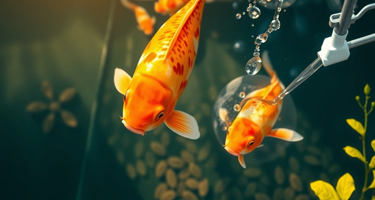 Safe koi pond treatment administration timing Koi fish during water treatment application showing safe feeding and treatment timing practices for pond health