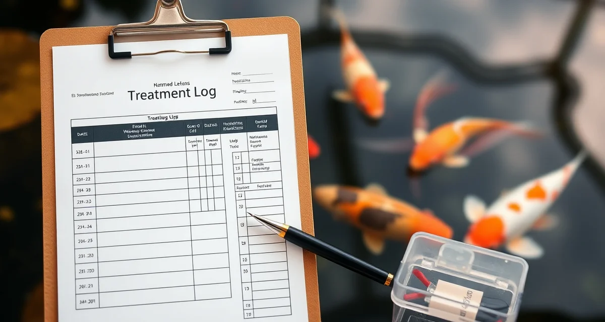 Professional koi pond treatment documentation template Koi treatment log template showing organized columns for recording medication, dosage, date, and fish health observations in a professional documentation format.
