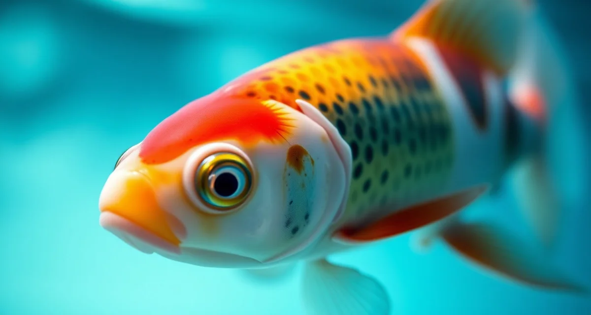 Koi fish tumor identification and growth assessment Close-up of koi fish papilloma tumor growth on body surface, showing benign neoplasia requiring health assessment