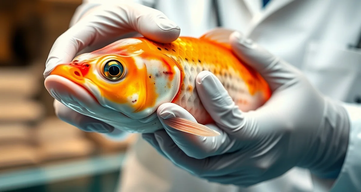Professional koi ulcer treatment and wound care Koi fish ulcer disease examination showing bacterial wound assessment and treatment protocol with veterinary care.