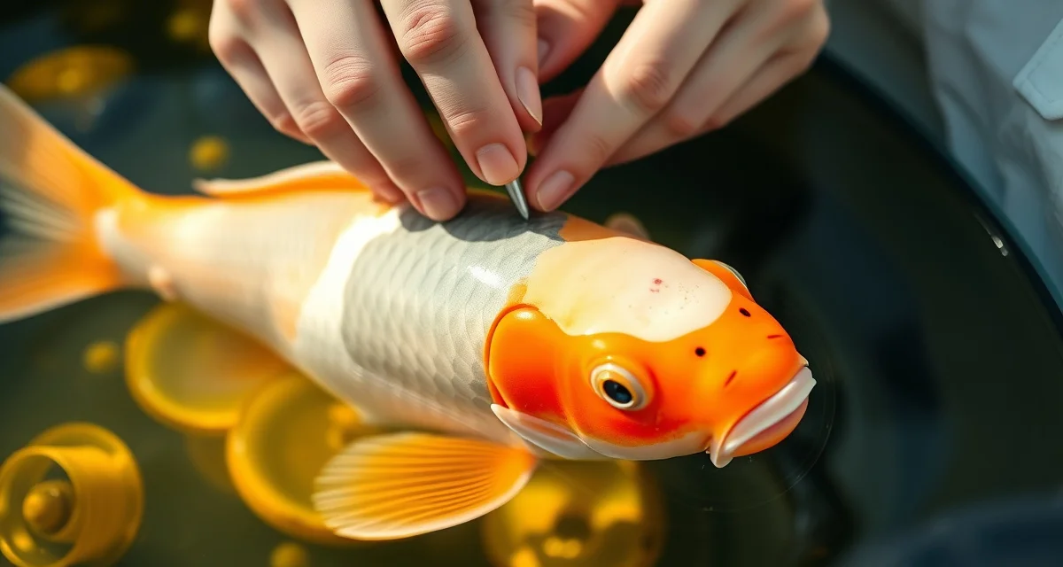 Professional koi ulcer inspection procedure Koi fish ulcer examination and treatment demonstration showing proper diagnostic assessment technique for pond health management