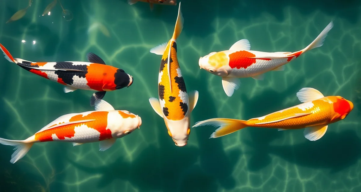 Visual guide to different koi fish varieties and their coloration Collection of major koi varieties displaying distinctive color patterns in clear pond water, including kohaku, sanke, and ogon varieties.