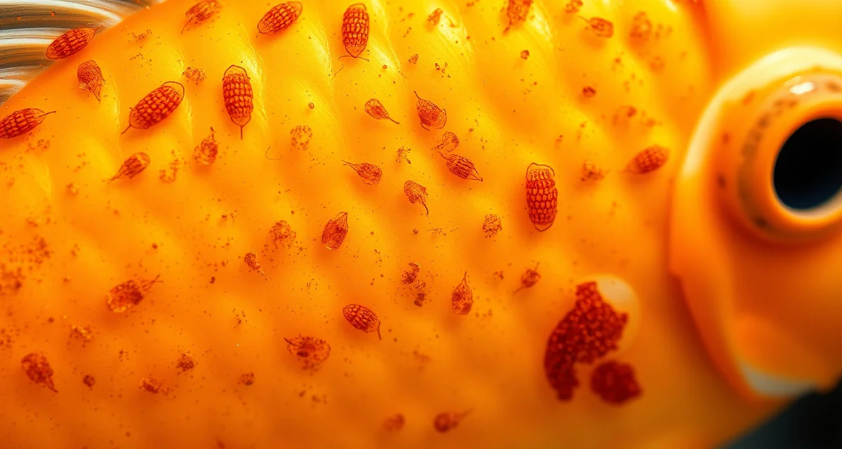 Velvet disease parasites on koi fish skin Close-up of koi fish skin affected by velvet disease showing rust-colored parasitic coating on scales
