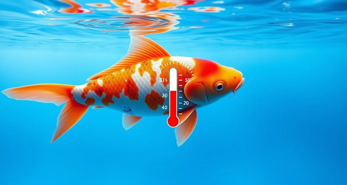 Temperature monitoring for optimal koi pond conditions Koi fish in pond water with temperature monitoring visualization showing seasonal temperature changes affecting fish health